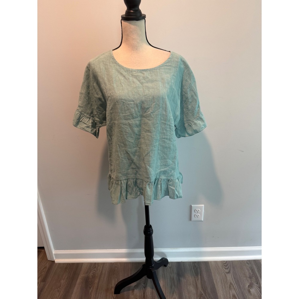 Terzo Millennio Pure Linen Ruffle Hem Top Green Made in Italy Size Small NWT